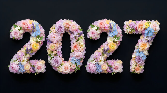 Beautiful 3D floral 2027 numbers composed of blooming pastel flowers, isolated on transparent background for spring New Year and elegant seasonal designs.
