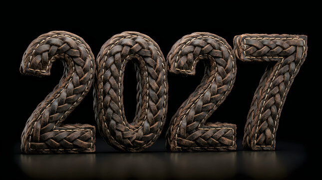 Rustic 3D leather braided 2027 numbers with detailed stitching, isolated on transparent background for elegant New Year and premium luxury design projects.