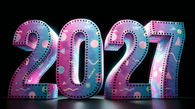 Three-dimensional number 2027 featuring a vibrant filmstrip texture with geometric patterns, isolated on transparent background for modern media projects.