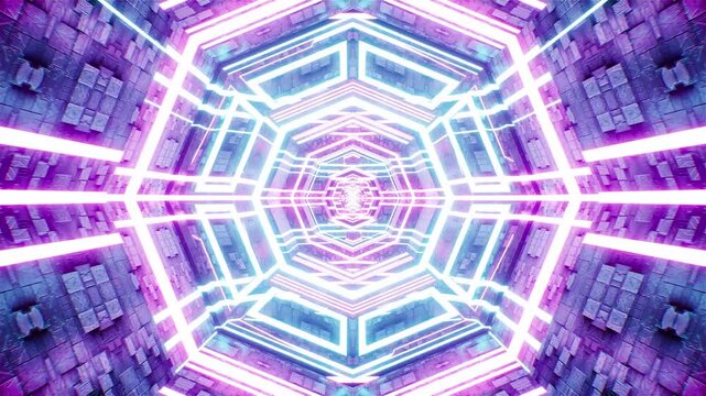 Move through neon light beam octagon brick tunnel