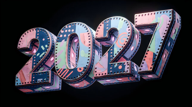 Abstract 3d numbers 2027 with colorful artistic patterns and textures isolated on transparent background for creative new year celebration design and greeting cards
