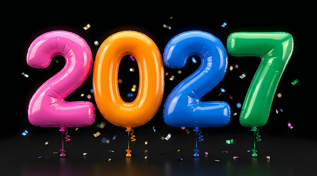 Colorful balloon numbers 2027 floating with festive confetti isolated on transparent background for happy new year celebration and party invitation design assets