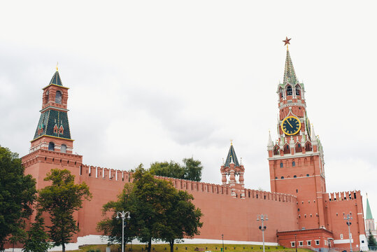 The Kremlin clock tower. The Kremlin clock on the tower. Red Square.
