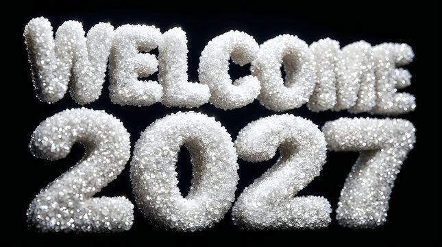Text welcome 2027 made of sparkling white sugar crystals, isolated on transparent background, festive creative typography for New Year celebration and holidays.