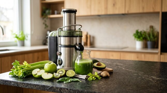 Green Juice Being Made In A Kitchen With Fresh Healthy Ingredients On