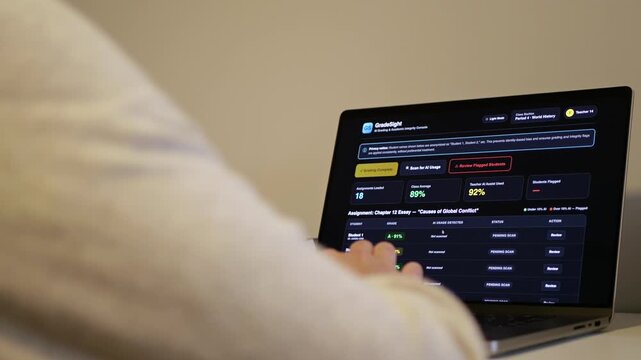 Educator at a laptop using AI software for automated bulk grading of student essays while scanning for unauthorized student AI usage and plagiarism