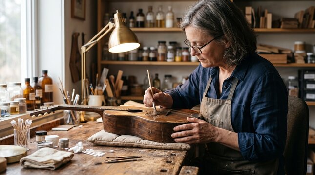 Woman Repairing Guitar in Workshop Using Professional Tools for