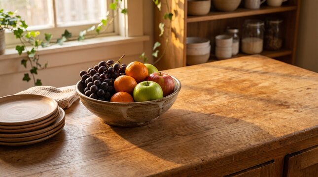 Fresh Fruit Bowl Sitting on a Rustic Kitchen Counter with Stacked