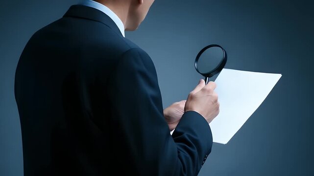 Professional examining document with magnifying glass in meticulous inspection for forensic analysis and detailed investigation