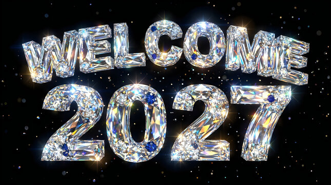 Welcome 2027 diamond luxury 3D typography with sparkling gemstones and brilliant light reflections, isolated on transparent background for high-end celebrations.