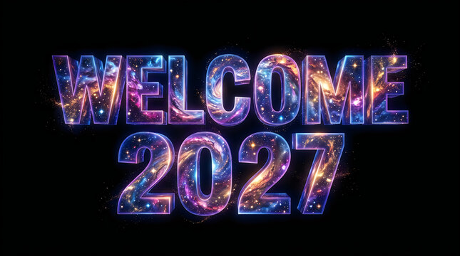 Welcome 2027 3D typography featuring a deep space galaxy nebula texture with glowing stars, isolated on transparent background for cosmic new year themes.