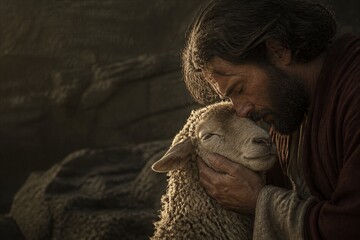 Fototapeta premium Bearded shepherd embracing a lost sheep in a dark rustic setting. Biblical parable of compassion, mercy, protection and spiritual salvation with copy space.