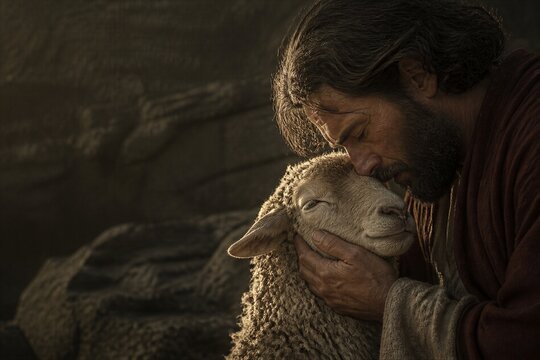 Bearded shepherd embracing a lost sheep in a dark rustic setting. Biblical parable of compassion, mercy, protection and spiritual salvation with copy space.