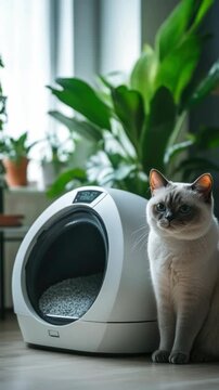 Siamese Cat Next to an Automatic Litter Box