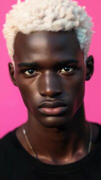 Portrait of a Stylish Black Man with Bleached Blonde Hair Against a Pink Background