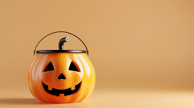 Cute 3D shiny plastic orange Halloween pumpkin bucket left aligned copy space for autumn festival promo