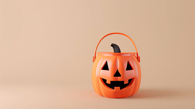 3D cute shiny plastic orange Halloween trick or treat pumpkin bucket center copy space for party poster