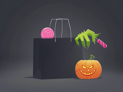 Halloween vector illustration black shopping bag zombie hand and pumpkin on dark background for retail promo