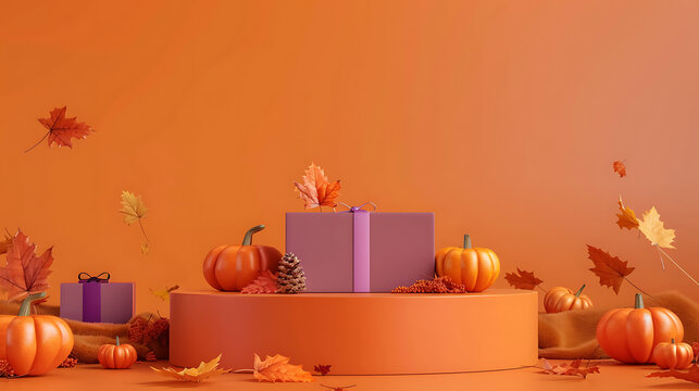 3D Halloween product display podium with purple gift boxes and pumpkins for autumn holiday sale promo mockup