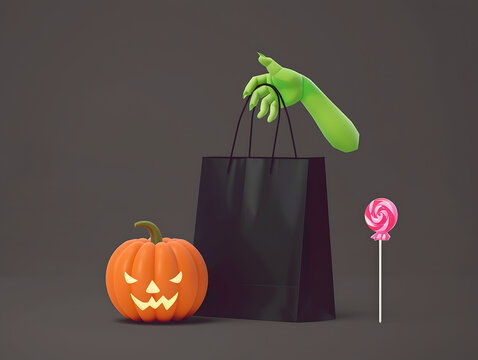 3D Halloween illustration black shopping bag monster hand and pumpkin on dark copy space for retail sale