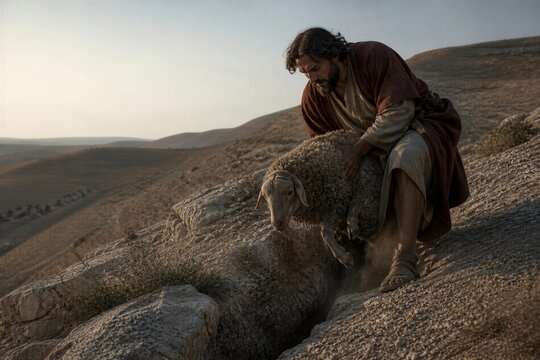 Bearded shepherd rescuing a lost sheep from a rocky ravine. Biblical parable of compassion, faith, salvation and divine care in a desert landscape with copy space.