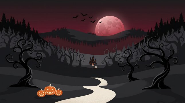 Halloween spooky forest with full moon and jack-o-lanterns at night