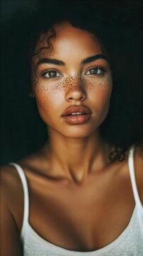 Close-up Portrait of a Woman with Unique Face Markings and Curly Hair