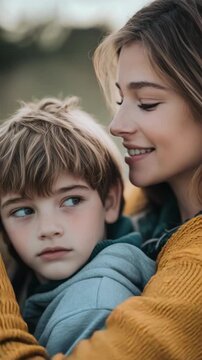 Close-up of a smiling mother and her young son in a tender moment