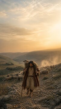 Shepherd carrying a lost sheep across a rocky mountain valley with flock following behind. Biblical parable of compassion, guidance, faith and divine care at sunset.