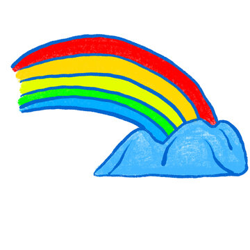 Hand drawn colorful rainbow arc emerging from a blue textured mountain illustration