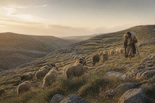 Shepherd guiding a flock of sheep across a rocky mountain pasture at sunset. Biblical parable of the good shepherd, faith, care, guidance, and spiritual leadership.