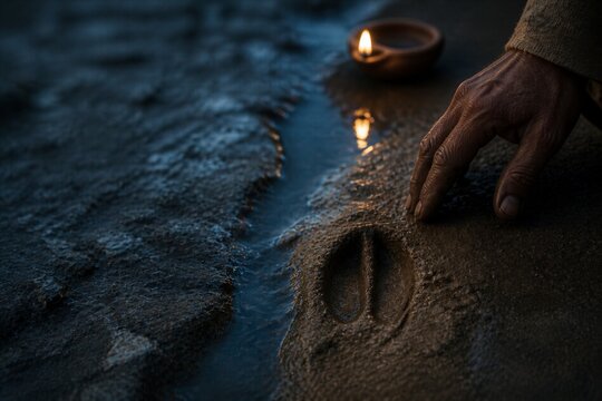 Good shepherd reaching toward a lost sheep in dark water by candlelight. Biblical parable concept of rescue, compassion, faith, hope, and spiritual guidance with copy space.