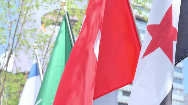 National flags of various countries fluttering in the wind at Gwanghwamun Square in Seoul during summer, close-up shot