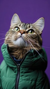Tabby Cat in Green Puffer Jacket Looking Up