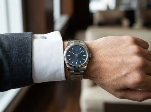 Elegant men's silver wristwatch with blue dial on businessman's wrist