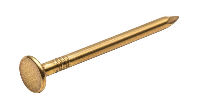 One single shiny gold metal nail isolated on transparent background