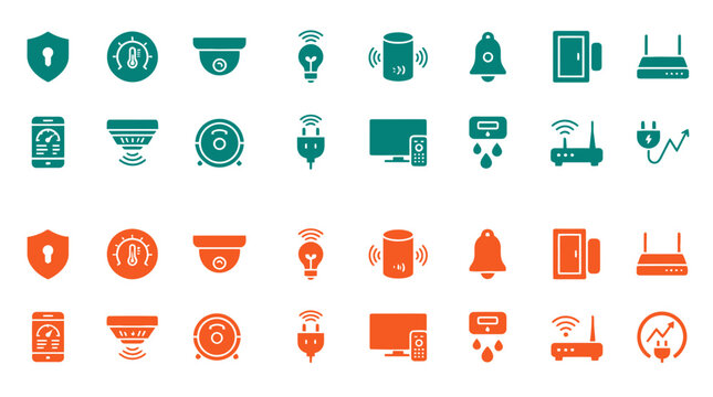 Home security and smart connection icons set in blue and orange for surveillance and digital monitoring systems.
