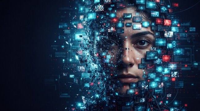 Futuristic Woman's Face Emerging from Digital Screens