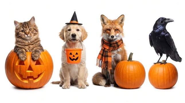 Cute animals in Halloween costumes with pumpkins for festive celebration