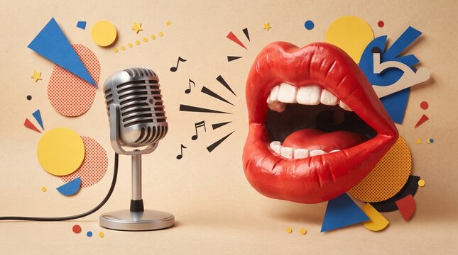 Close-up of a stylized red mouth with microphone for singing or speech