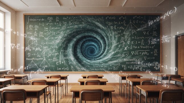 Classroom with large chalkboard displaying complex mathematical equations