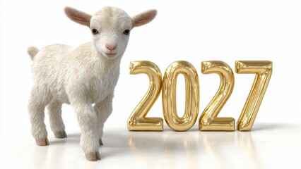 Fototapeta premium Cute goat with golden 2027 sign celebrates the new year with festive charm