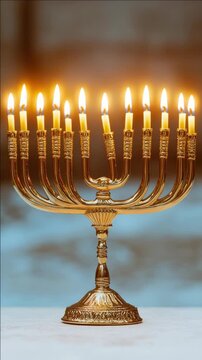 Golden Hanukkah Menorah with Nine Lit Candles