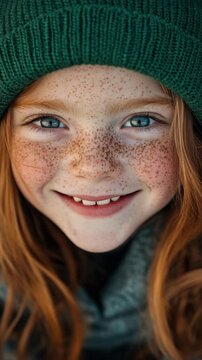 Smiling Girl with Red Hair and Freckles Wearing a Green Knit Beanie