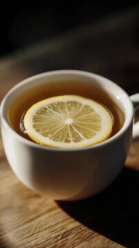 Close-up of Hot Lemon Tea in a White Ceramic Cup on a Wooden Table