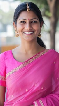 Portrait of a Smiling Indian Woman in a Pink Sari and Traditional Jewelry