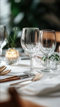 Elegant Wine Glass on a Table with Gold Cutlery