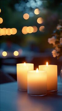 Three Lit Candles in Glass Holders with a Warm Bokeh Background