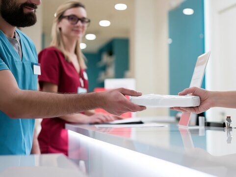 A healthcare professional hands over a package to a colleague in a modern clinic. The two are wearing scrubs and appear to be in a medical setting, possibly a reception or ward area.
