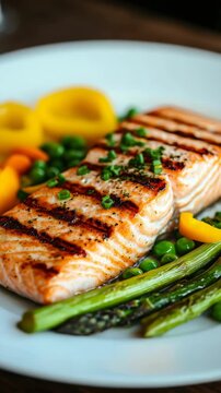 Grilled Salmon Fillet with Asparagus and Peas
